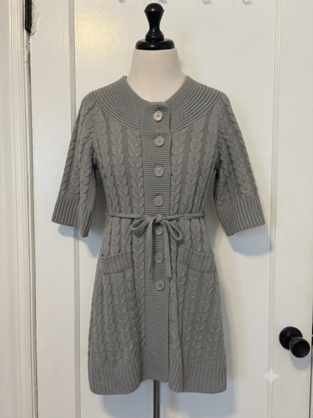 The Limited Vintage Light Gray Cable Knit Button Cardigan Dress